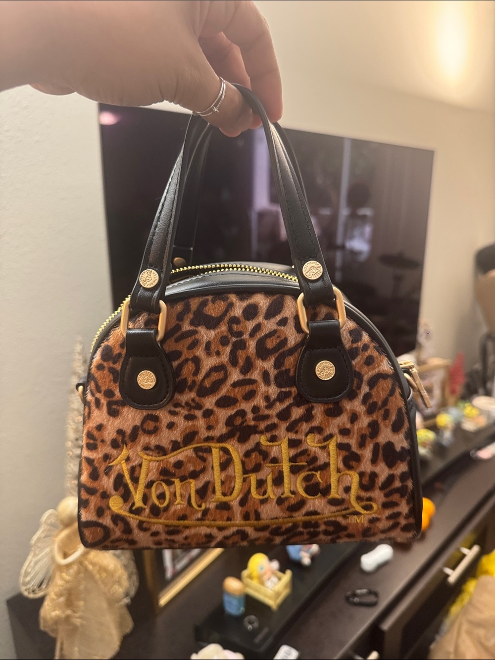 Von Dutch Leopard Print Mini Top-Handle Bag in Brown and Black